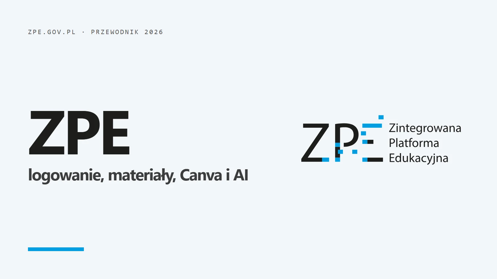 Logo Zintegrowanej Platformy Edukacyjnej - przewodnik po ZPE: logowanie, materiały, Canva i AI