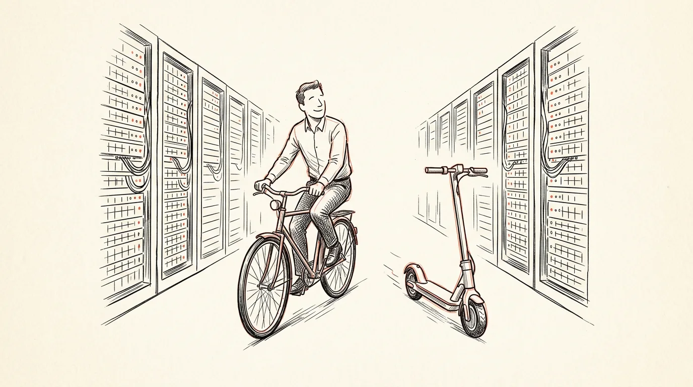 Ilustracja: pracownik biurowy jedzie na rowerze przez korytarz serwerowni, obok niego sunie pusta hulajnoga elektryczna