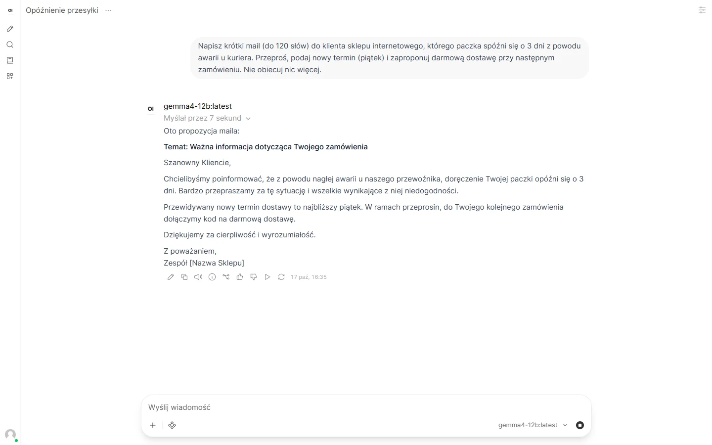 Open WebUI: rozmowa po polsku z Gemmą 4 12B liczona lokalnie na RTX 4090