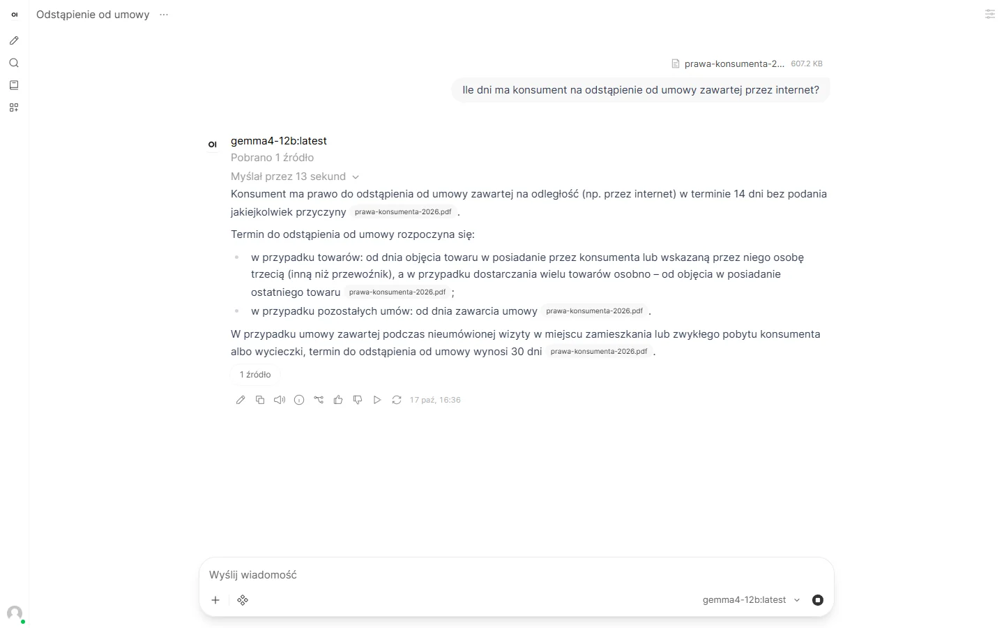 Open WebUI: odpowiedź na pytanie o ustawę z wgranego PDF, z oznaczonym źródłem