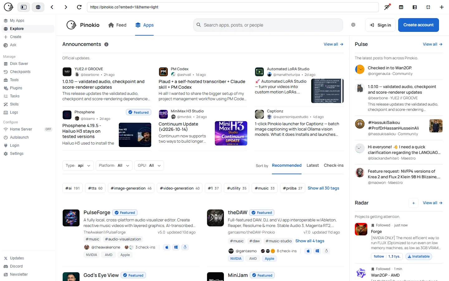 Katalog Explore w Pinokio z listą aplikacji AI do zainstalowania