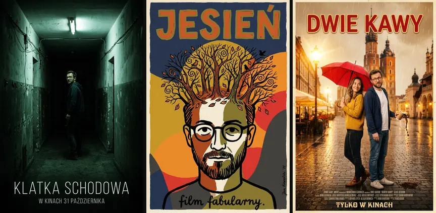 Trzy plakaty filmowe AI: horror Klatka schodowa, plakat w stylu polskiej szkoły plakatu Jesień i komedia romantyczna Dwie kawy
