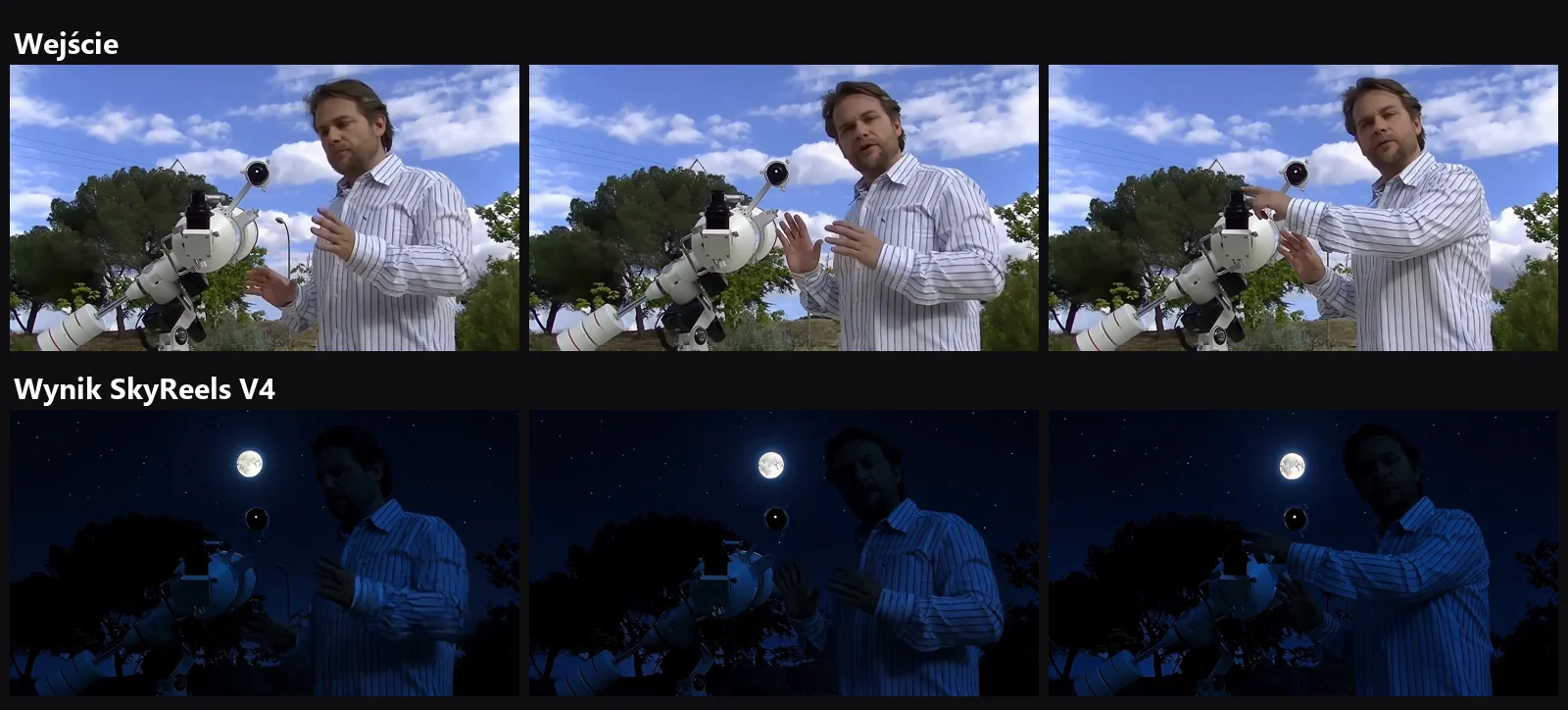 SkyReels V4: dzień zamieniony w noc w gotowym nagraniu, kadry wejścia i wyniku