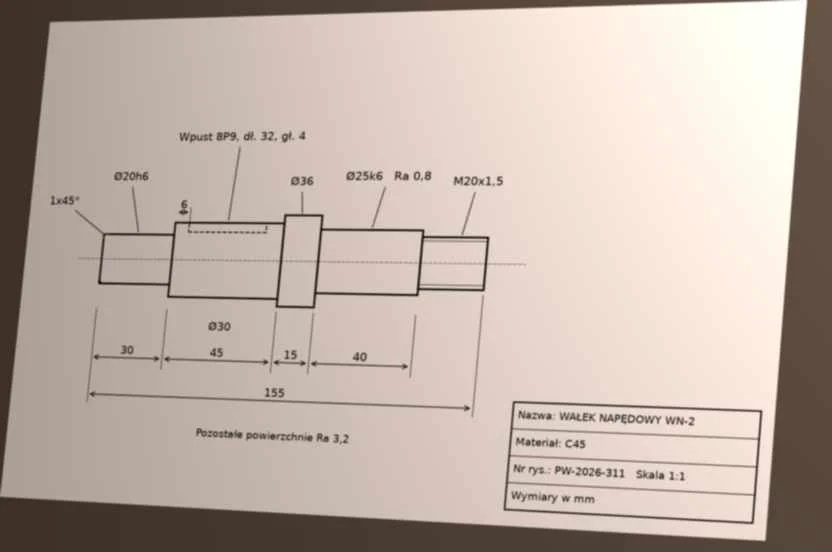 Zdjęcie wydruku rysunku technicznego wałka WN-2: Ø20h6, Ø30 z wpustem 8P9, Ø36, Ø25k6, gwint M20x1,5, długość 155 mm