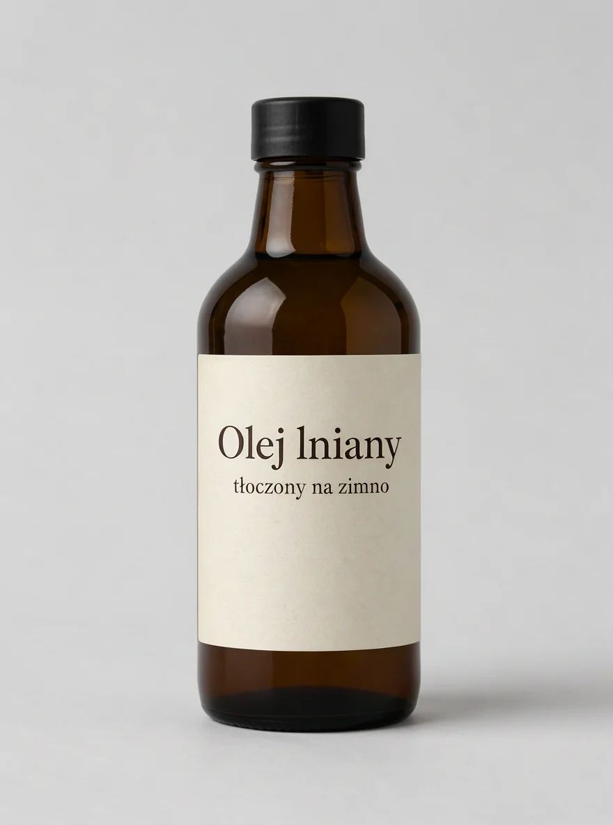 FLUX 3: packshot butelki oleju lnianego z etykietą „Olej lniany, tłoczony na zimno”