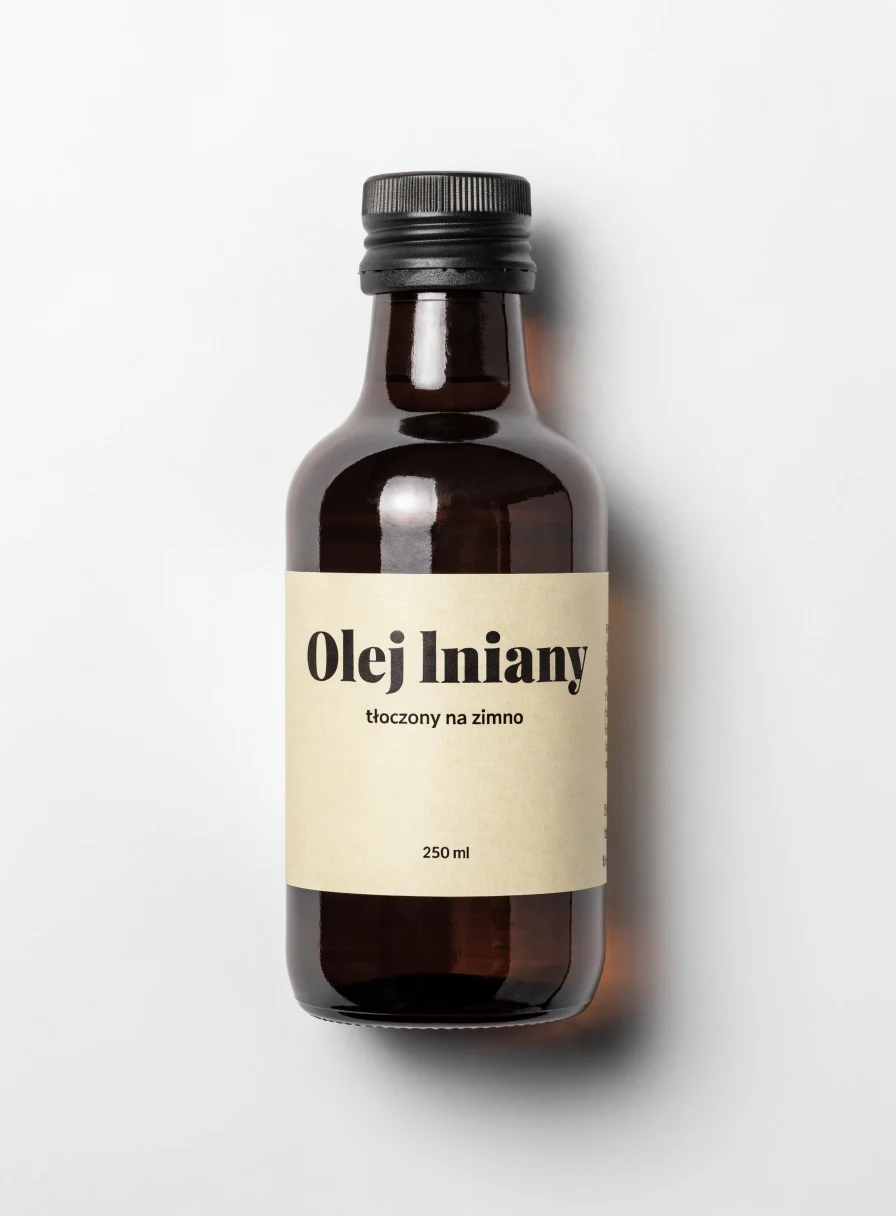 Recraft V4.1: packshot butelki oleju lnianego z etykietą „Olej lniany, tłoczony na zimno”