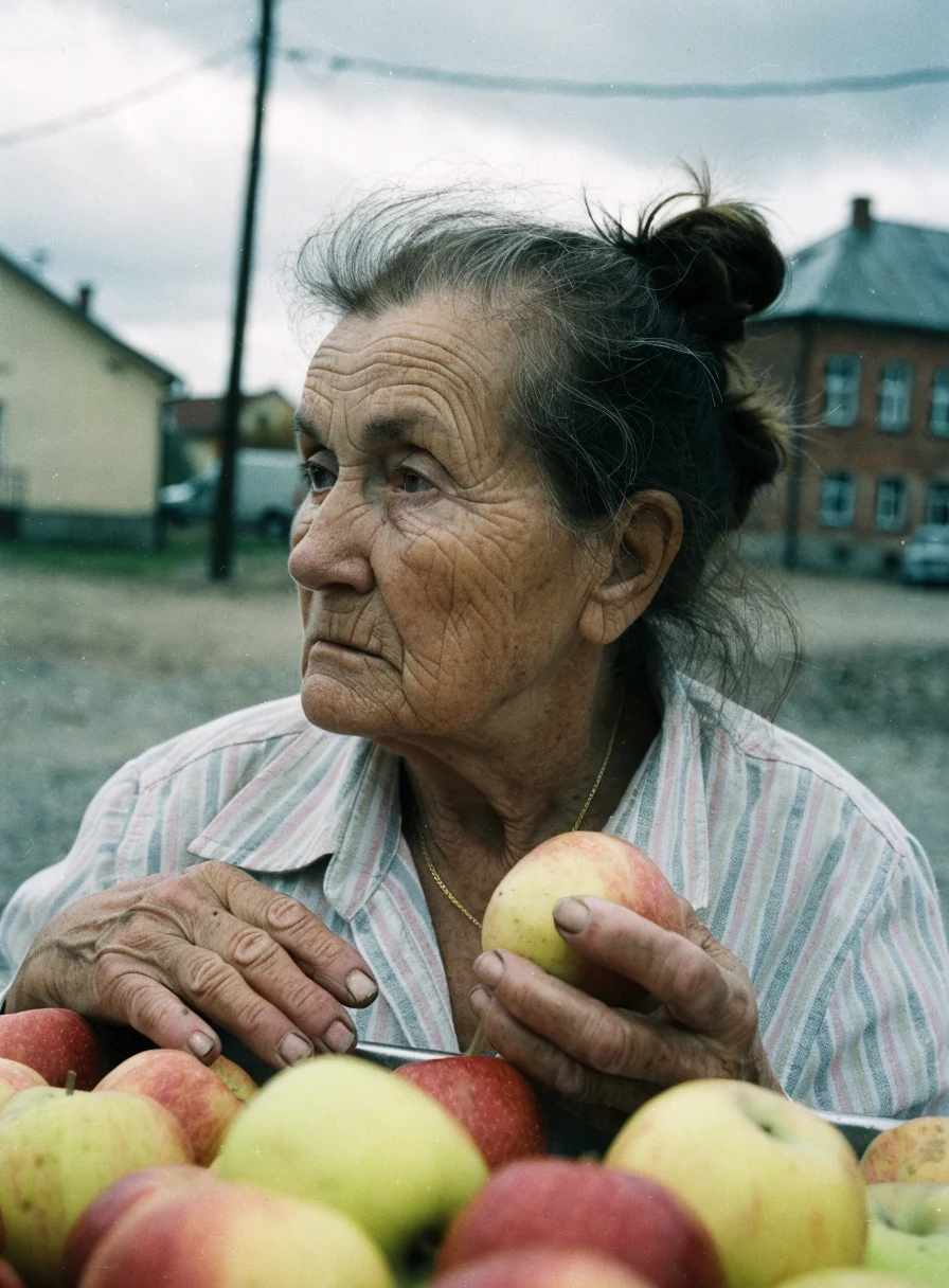 Recraft V4.1: reportażowy portret starszej kobiety sprzedającej jabłka na targu na Podkarpaciu
