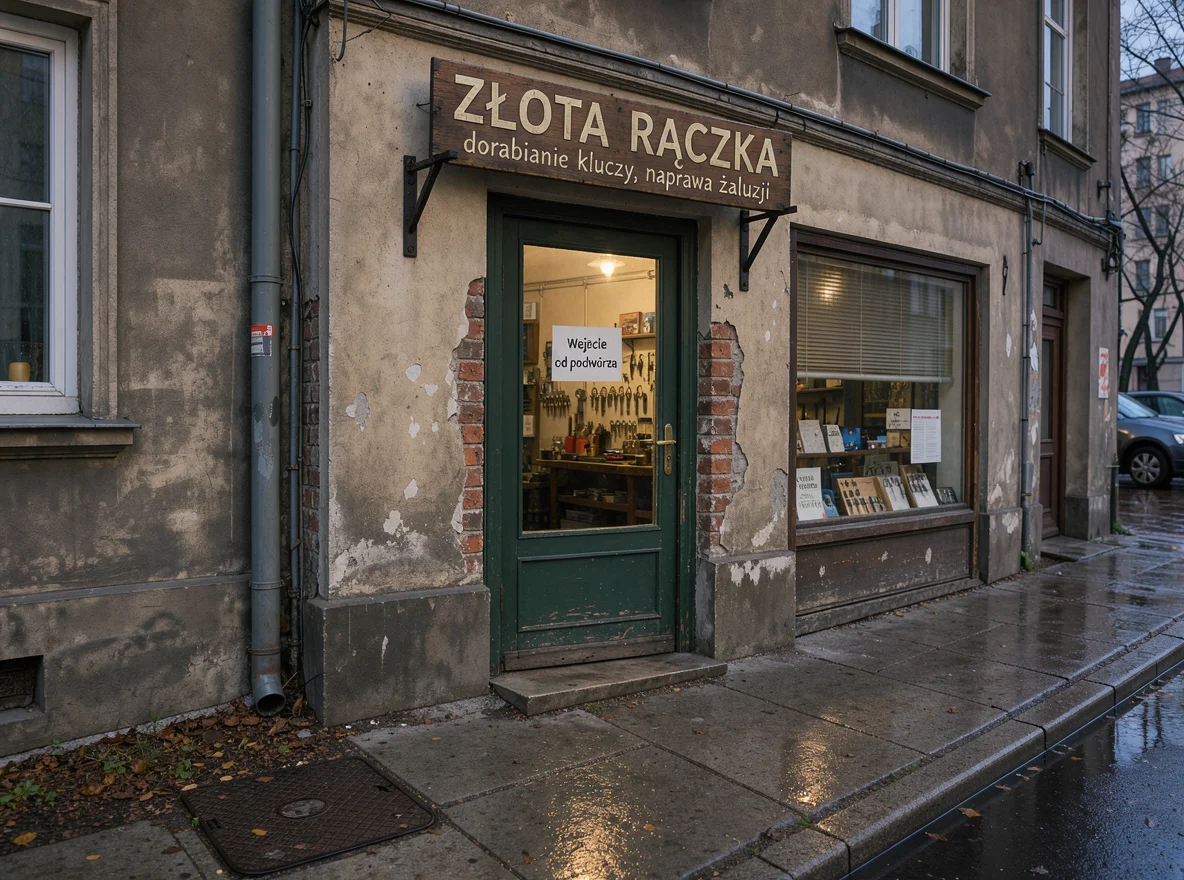FLUX 3: szyld „ZŁOTA RĄCZKA” i naklejka „Wejście od podwórza” na witrynie zakładu na warszawskiej Pradze, polecenie po polsku