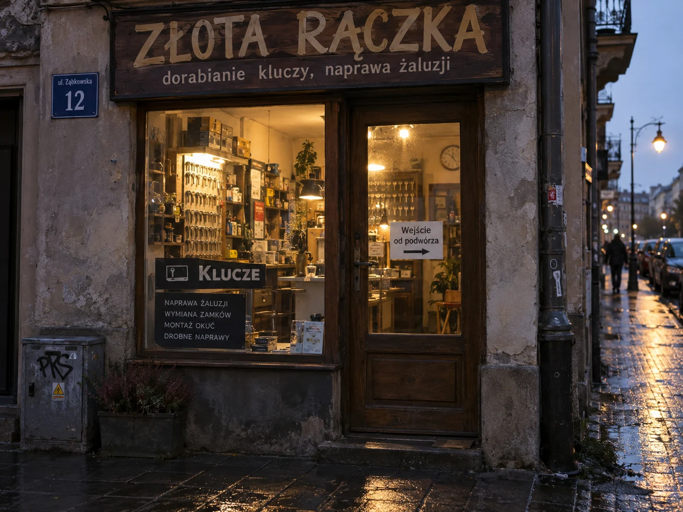 GPT Image 2.5 Sunburst: szyld „ZŁOTA RĄCZKA” i naklejka „Wejście od podwórza” na witrynie zakładu na warszawskiej Pradze, polecenie po polsku