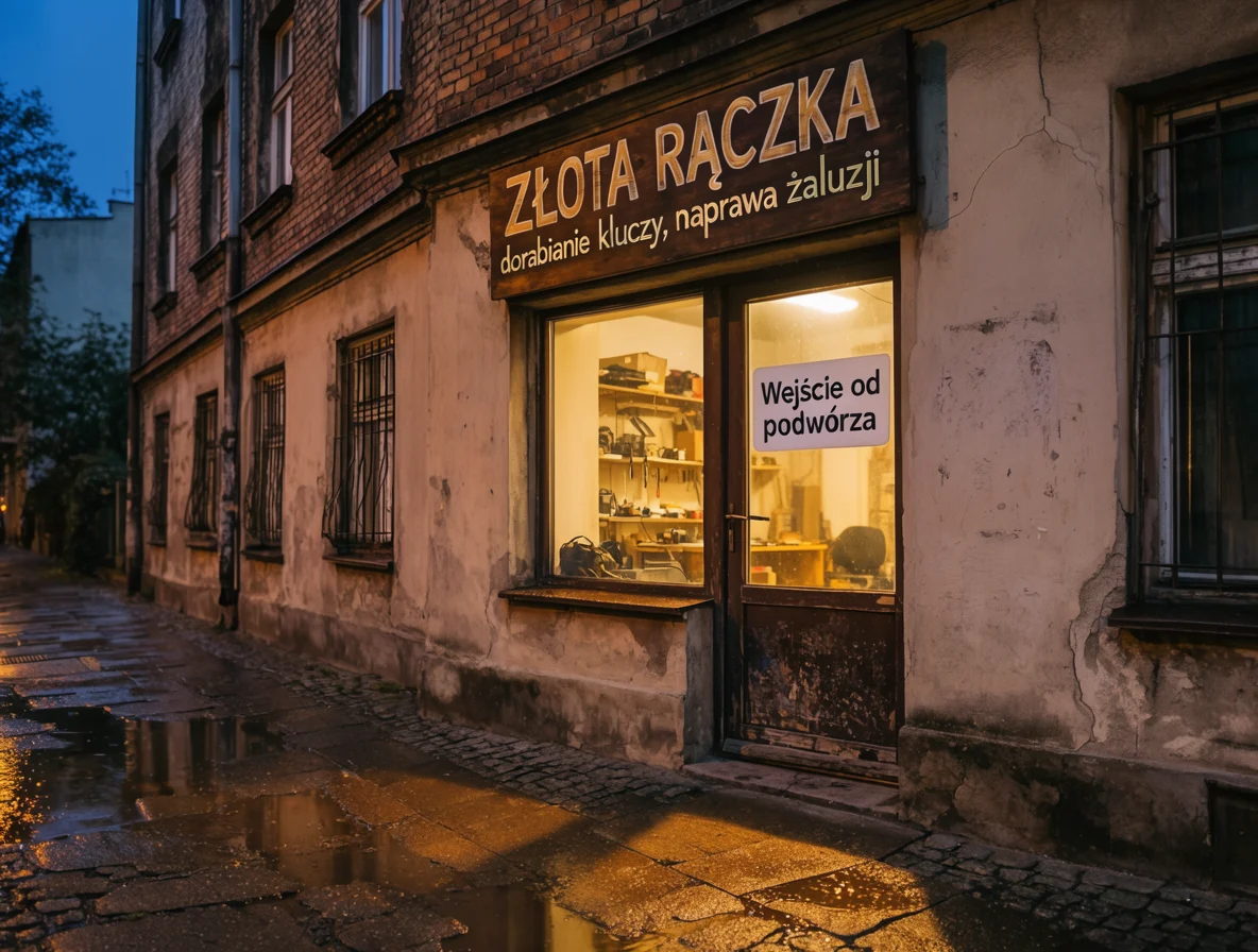 Krea 2 Large: szyld „ZŁOTA RĄCZKA” i naklejka „Wejście od podwórza” na witrynie zakładu na warszawskiej Pradze, polecenie po polsku