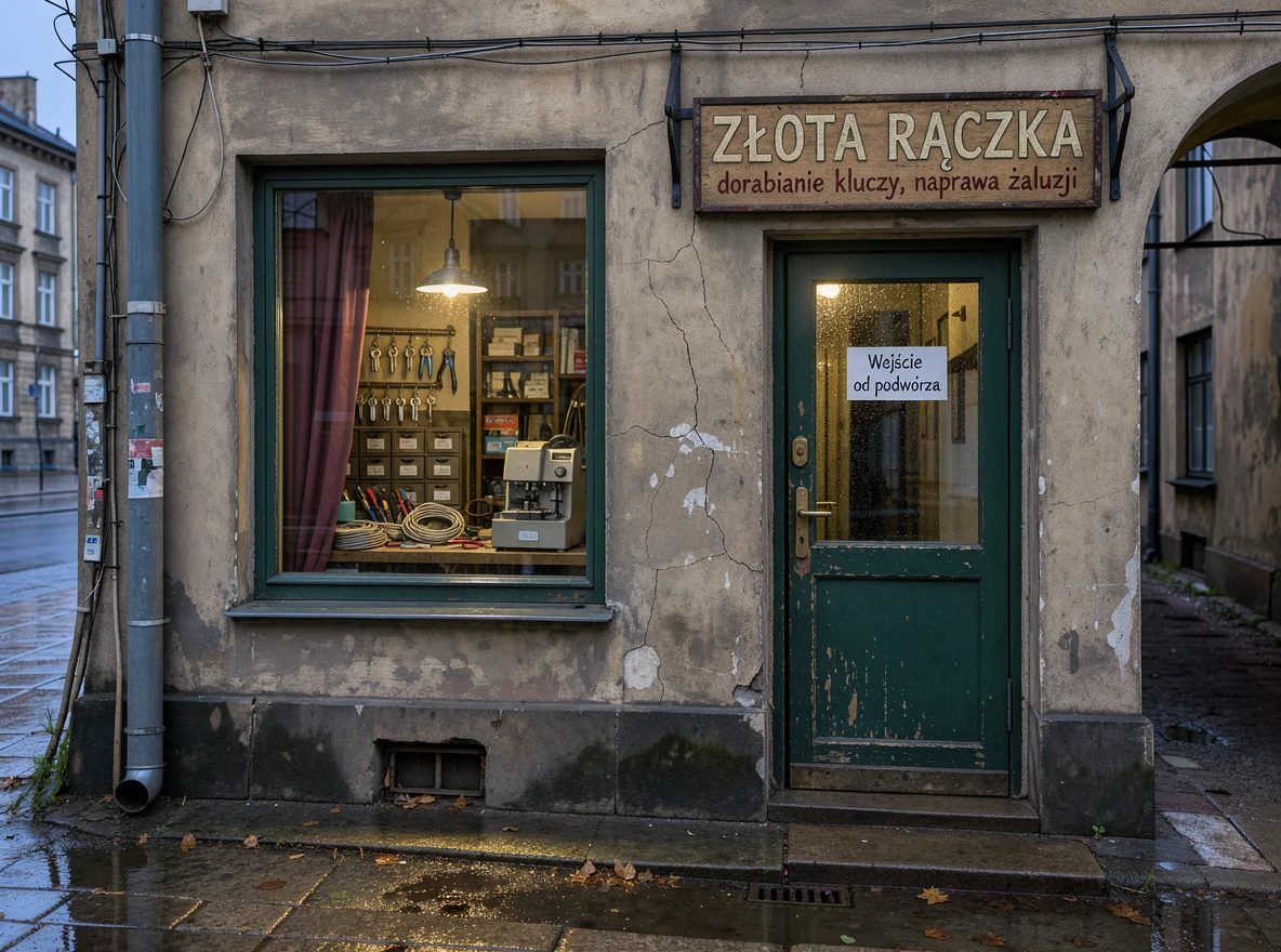 FLUX 3: szyld „ZŁOTA RĄCZKA” na witrynie zakładu na Pradze, polecenie po angielsku z polskim napisem