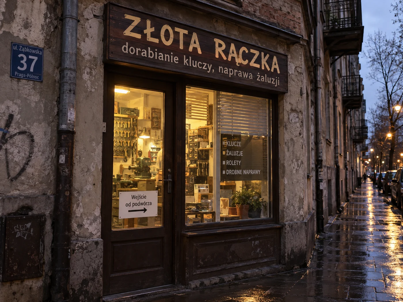 GPT Image 2.5 Sunburst: szyld „ZŁOTA RĄCZKA” na witrynie zakładu na Pradze, polecenie po angielsku z polskim napisem