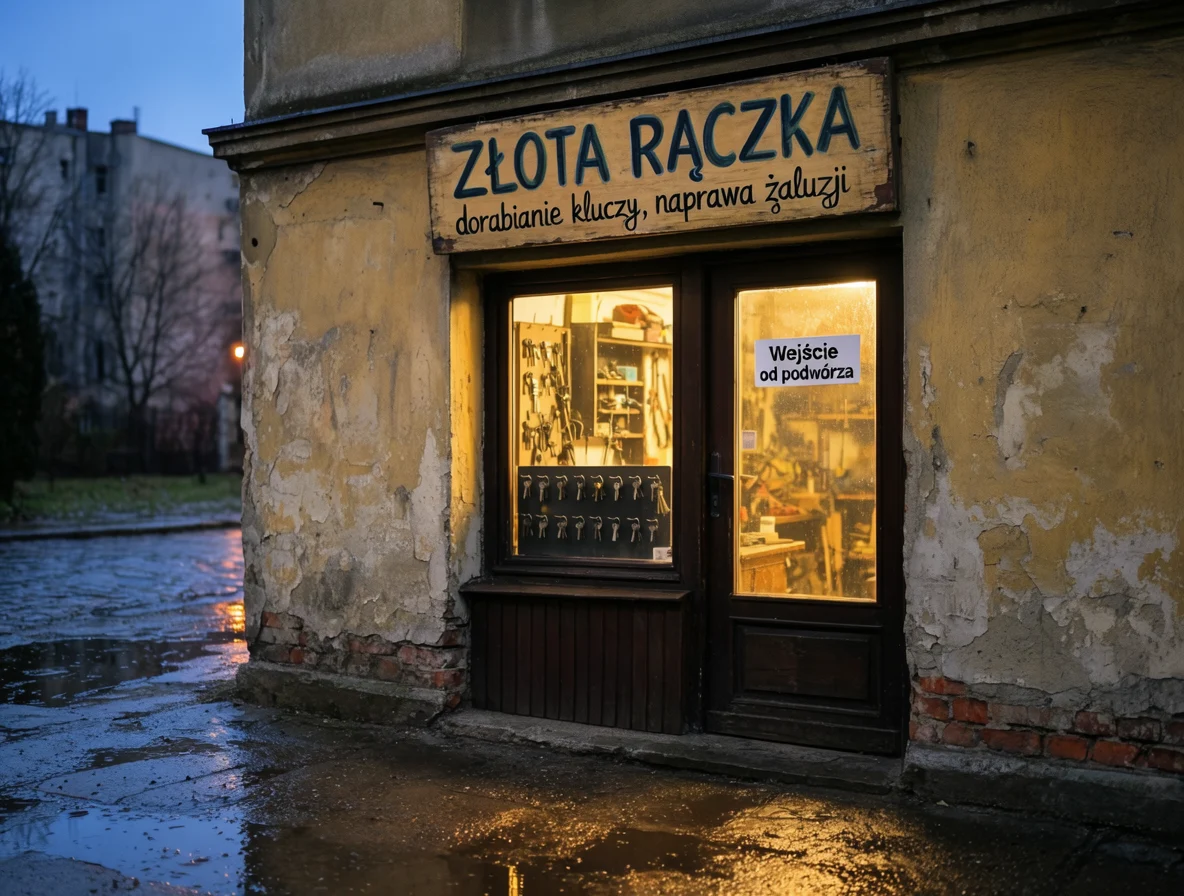 Krea 2 Large: szyld „ZŁOTA RĄCZKA” na witrynie zakładu na Pradze, polecenie po angielsku z polskim napisem