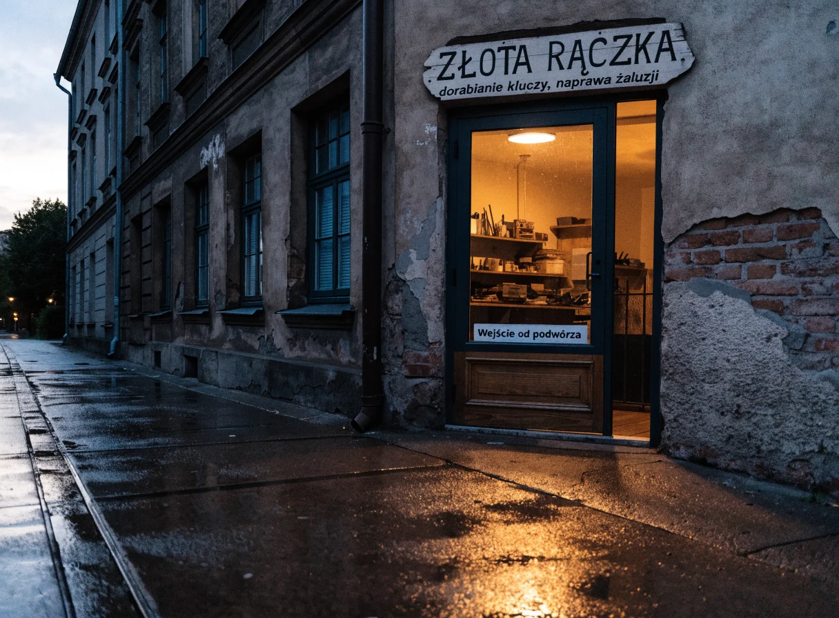 Recraft V4.1: szyld „ZŁOTA RĄCZKA” na witrynie zakładu na Pradze, polecenie po angielsku z polskim napisem