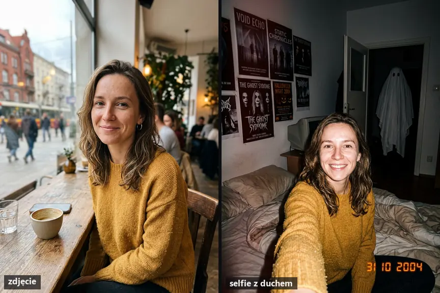 Trend Halloween AI: zdjęcie kobiety i selfie z 2004 roku w sypialni z duchem w prześcieradle w drzwiach