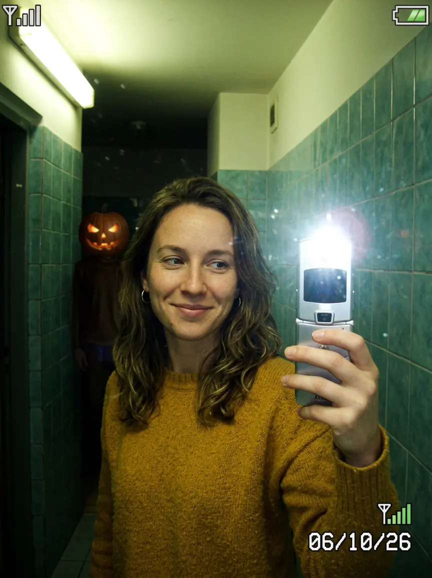 Selfie w lustrze z telefonem z klapką, za kobietą w przedpokoju stoi postać z dynią zamiast głowy