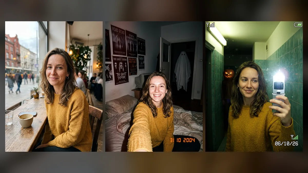 Trend Halloween AI - selfie z duchem w drzwiach i selfie w lustrze z postacią z dynią