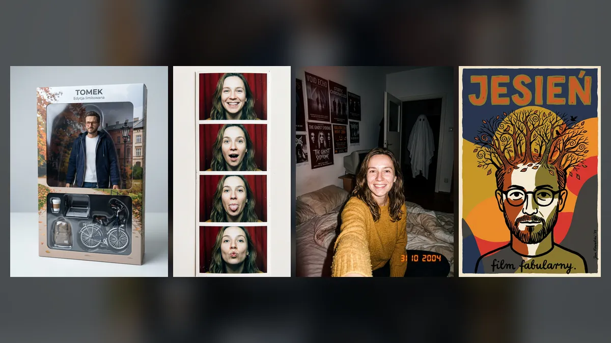 Trendy zdjęć AI: figurka w pudełku, pasek z fotobudki, selfie z duchem na Halloween i plakat filmowy
