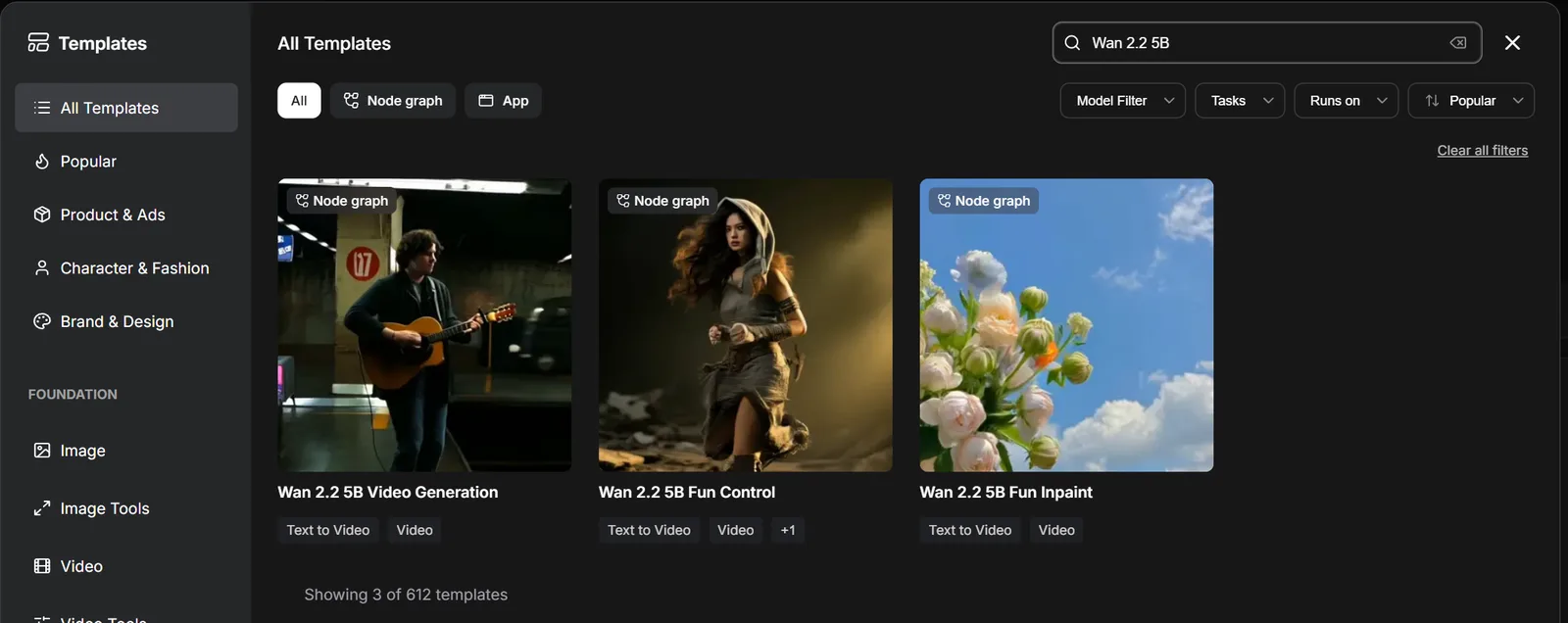 Okno Templates w ComfyUI 0.41 z wyszukanym szablonem Wan 2.2 5B Video Generation