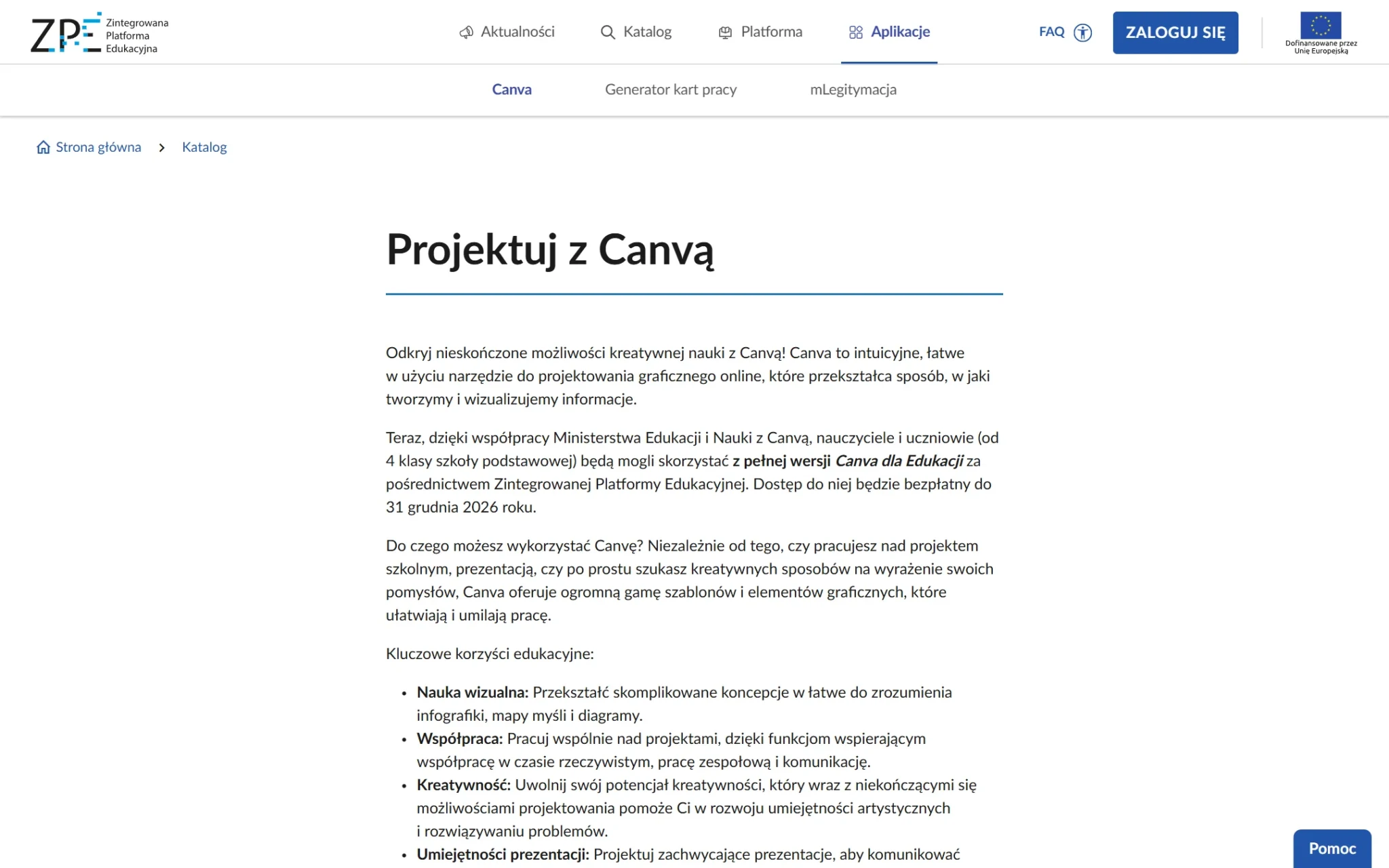 Podstrona Projektuj z Canvą w ZPE z informacją o bezpłatnym dostępie do 31 grudnia 2026 - zrzut z 3 października 2026