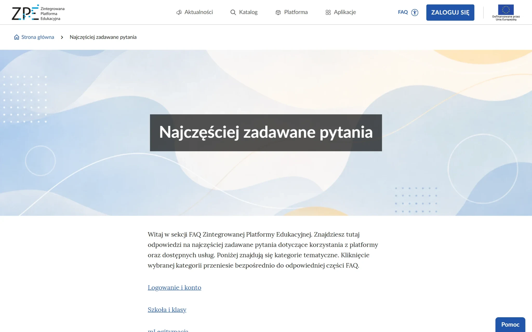 FAQ ZPE z kategoriami Logowanie i konto, Szkoła i klasy, mLegitymacja, Canva i Problemy - zrzut z 3 października 2026