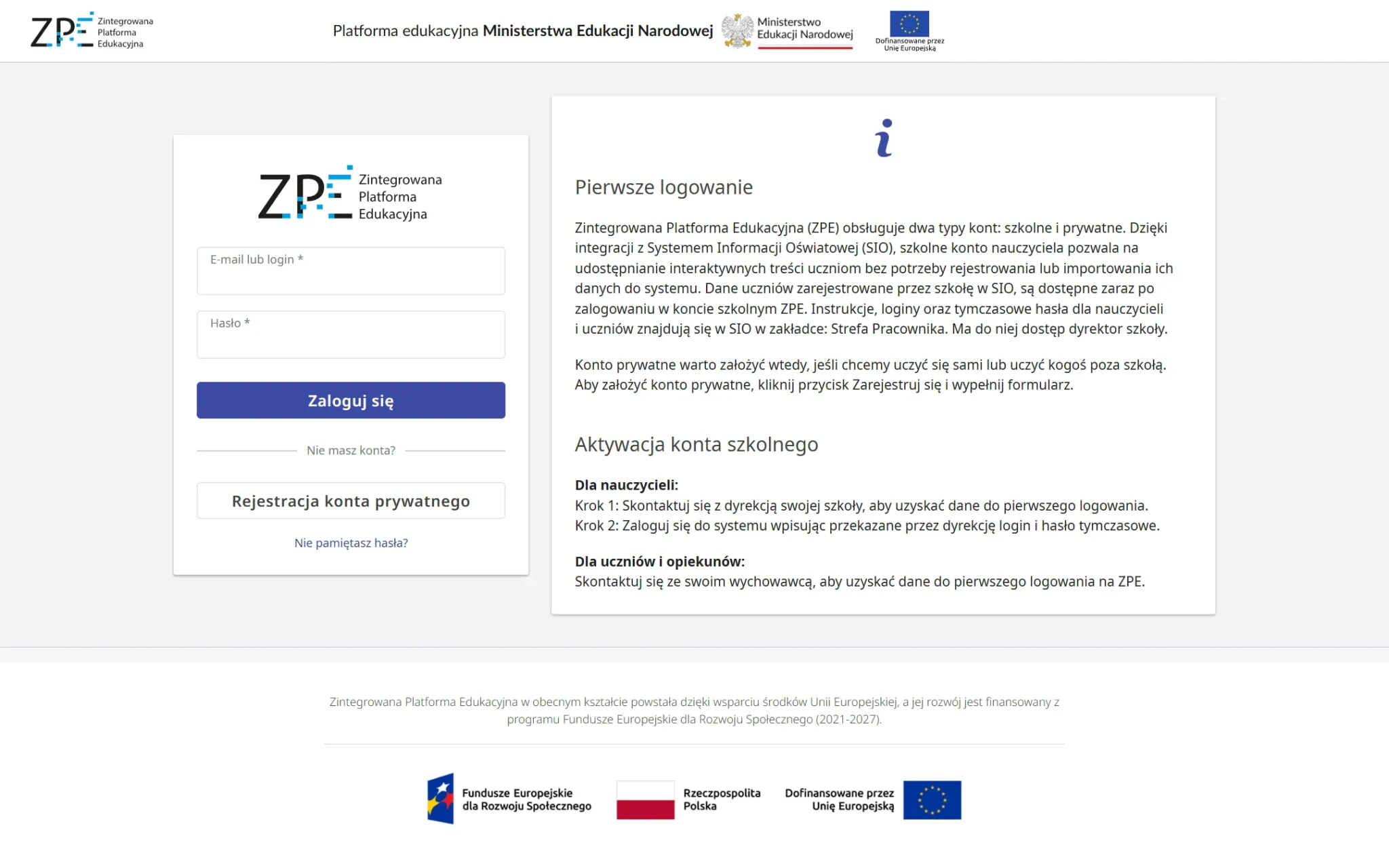 Strona logowania ZPE: pola E-mail lub login i Hasło, rejestracja konta prywatnego i instrukcja pierwszego logowania - zrzut z 3 października 2026