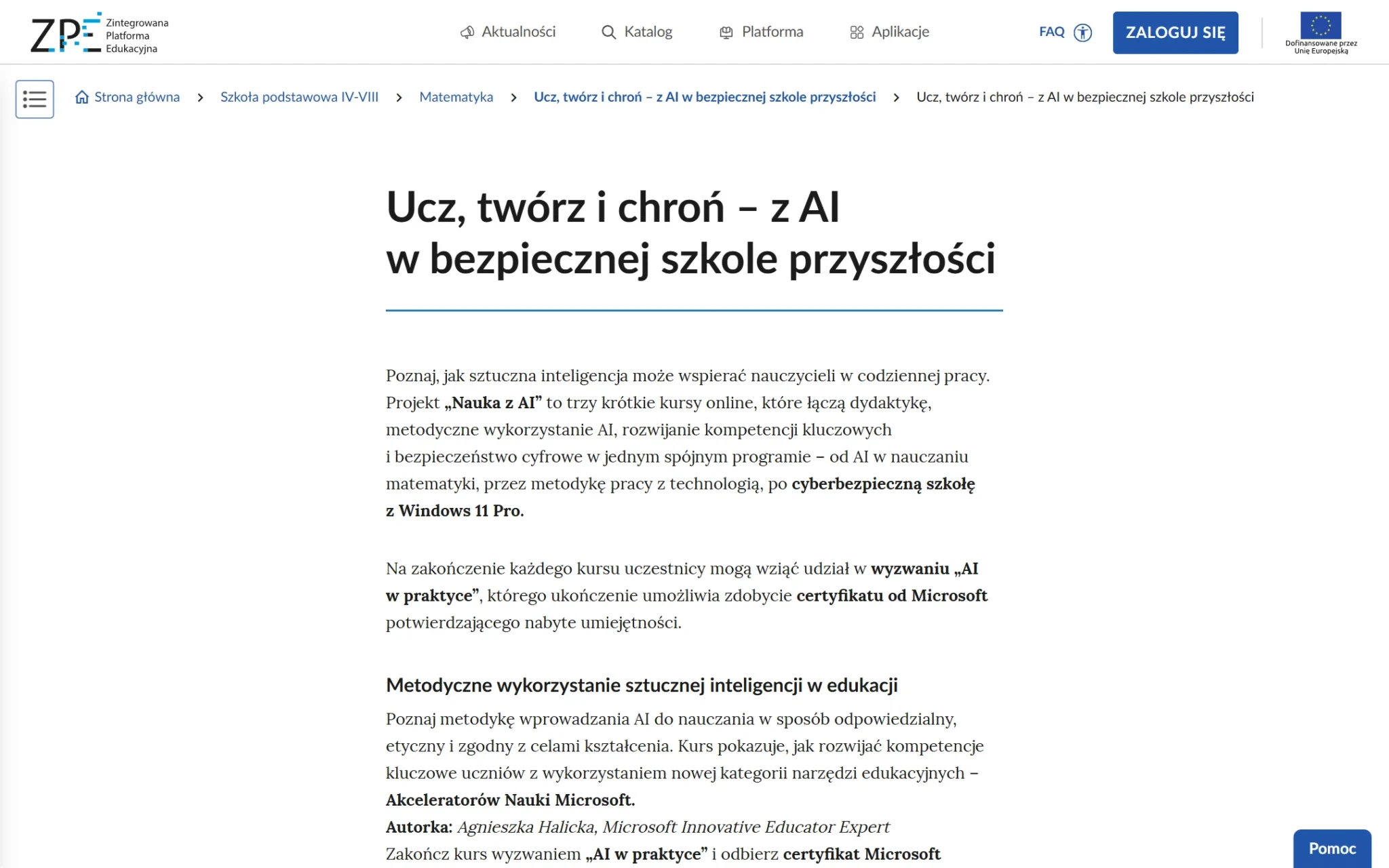 Strona projektu Nauka z AI na ZPE z trzema kursami o sztucznej inteligencji dla nauczycieli - zrzut z 3 października 2026