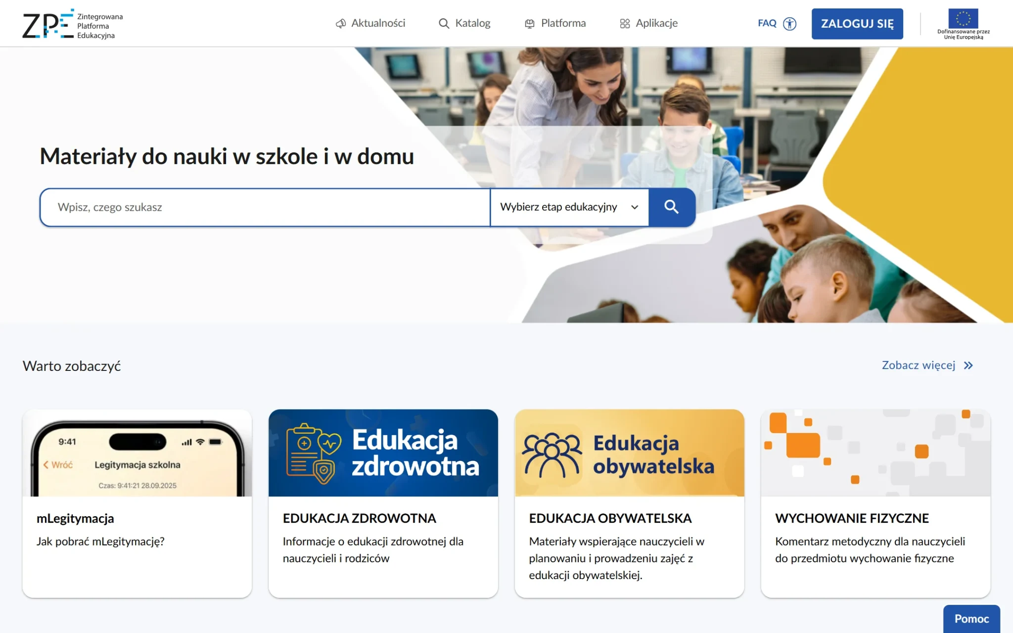 Strona główna zpe.gov.pl z wyszukiwarką materiałów i przyciskiem Zaloguj się - zrzut z 3 października 2026
