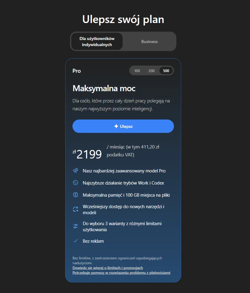 Cennik ChatGPT Pro 500 w Polsce: 2199 zł miesięcznie, w tym 411,20 zł VAT