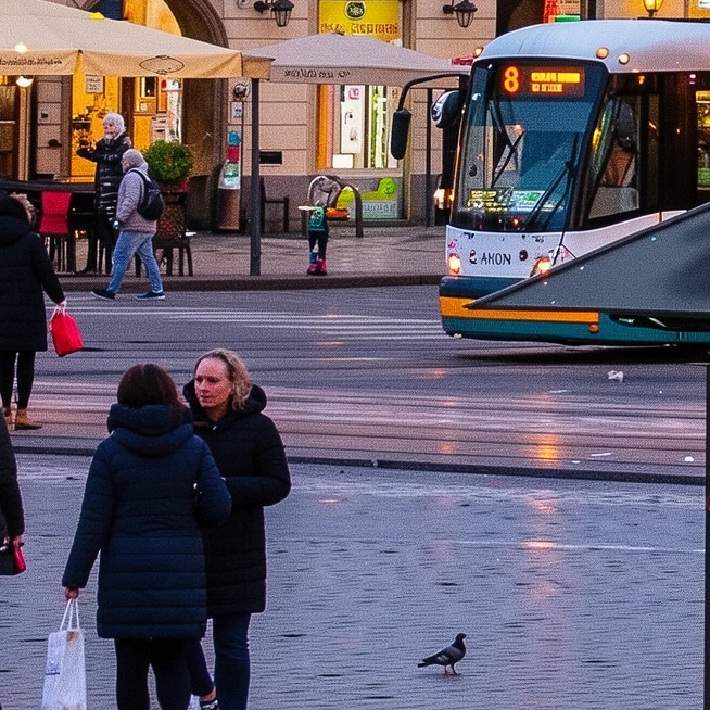 Wycinek 100% z dołu kadru FLUX 3 Image: tramwaj z numerem 8, przechodnie i gołąb