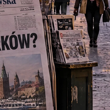 Wycinek 100% z dołu kadru GPT Image 2.5: gazeta i stojak z prasą