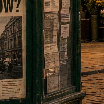 Wycinek 100% z dołu kadru Grok Imagine 2: kiosk z plakatami