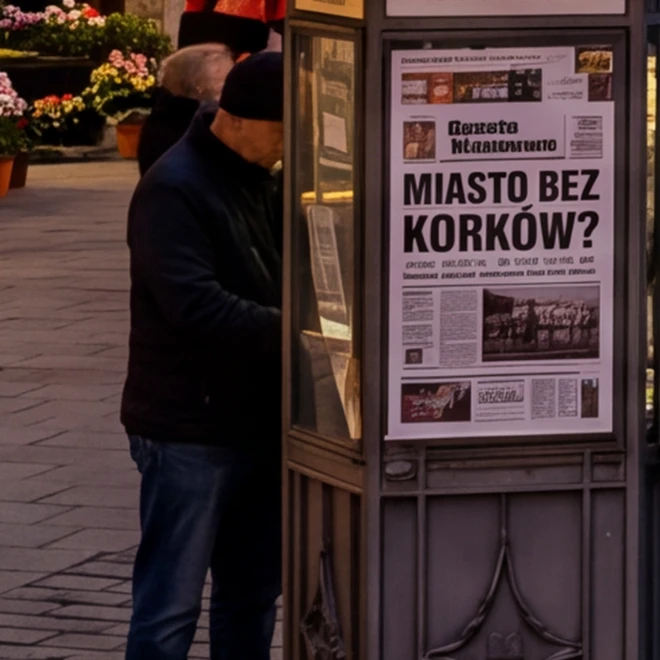 Wycinek 100% z dołu kadru Nano Banana 2: kiosk z gazetą MIASTO BEZ KORKÓW