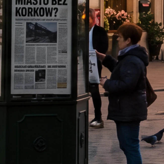 Wycinek 100% z dołu kadru Nano Banana Pro: gazeta z nagłówkiem MIASTO BEZ KORKOW