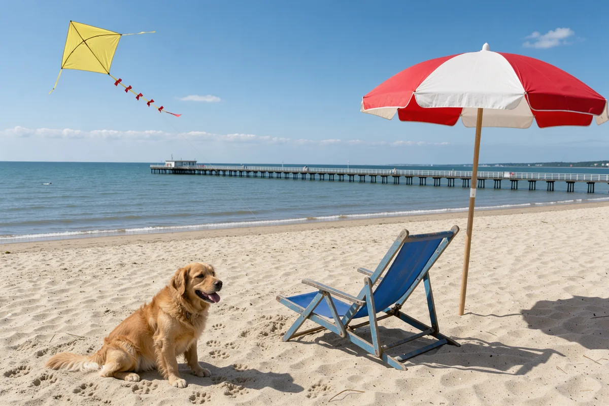 FLUX 3 Image: plaża w Sopocie z parasolem, leżakiem, golden retrieverem i żółtym latawcem w zadanych ramkach