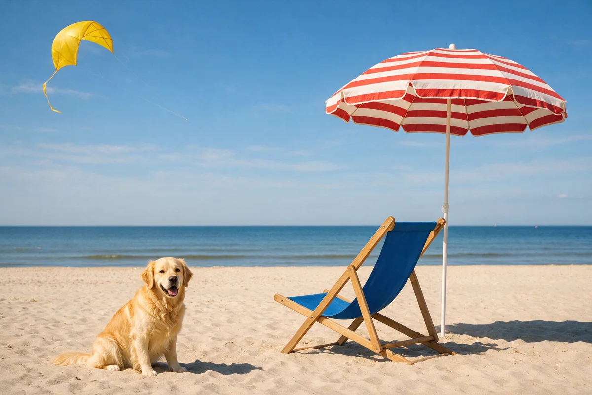 Seedream 5 Pro: plaża z parasolem w paski, leżakiem, psem i latawcem na tle zadanych ramek