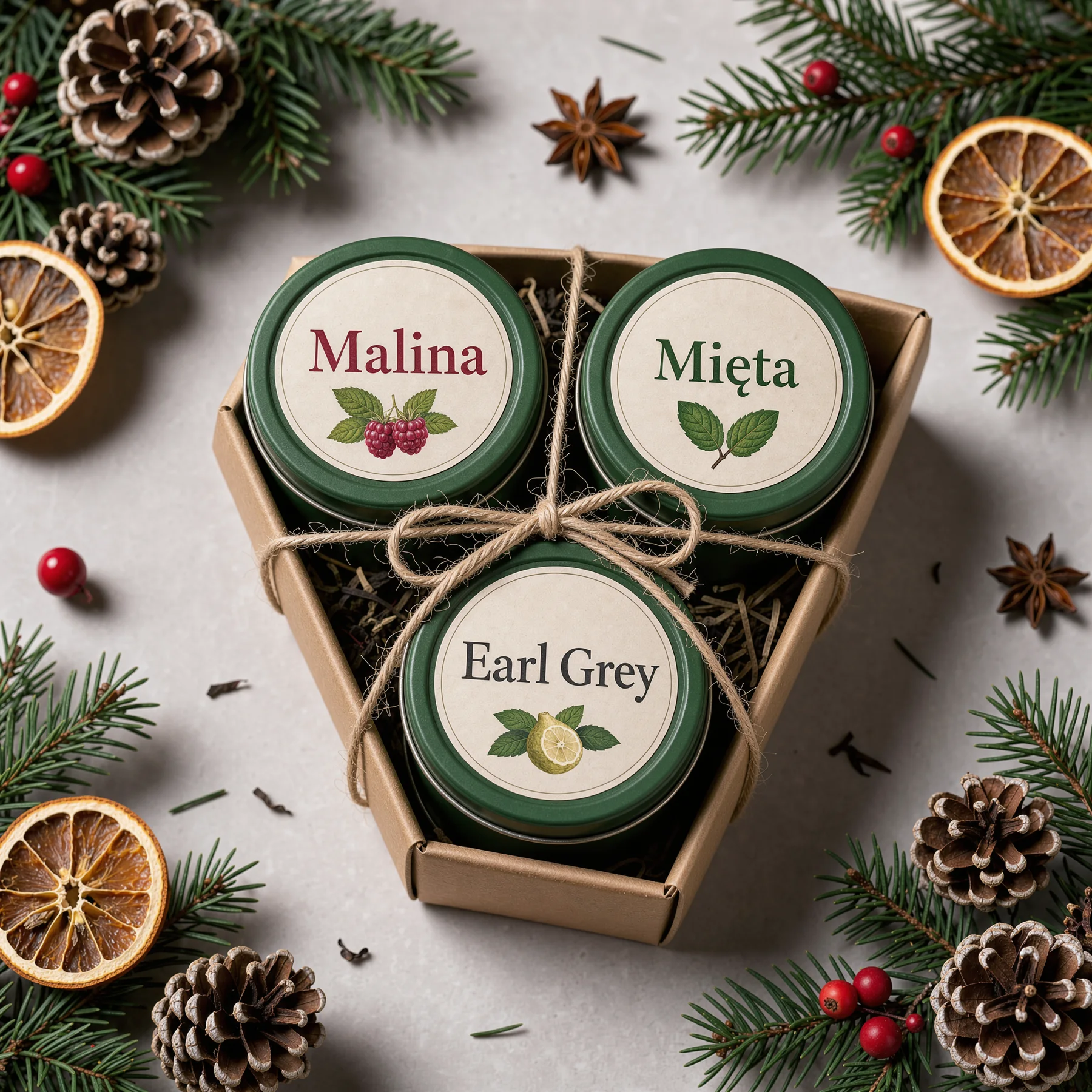 Zestaw prezentowy trzech puszek herbaty Malina, Mięta i Earl Grey przewiązanych sznurkiem, gałązki świerku