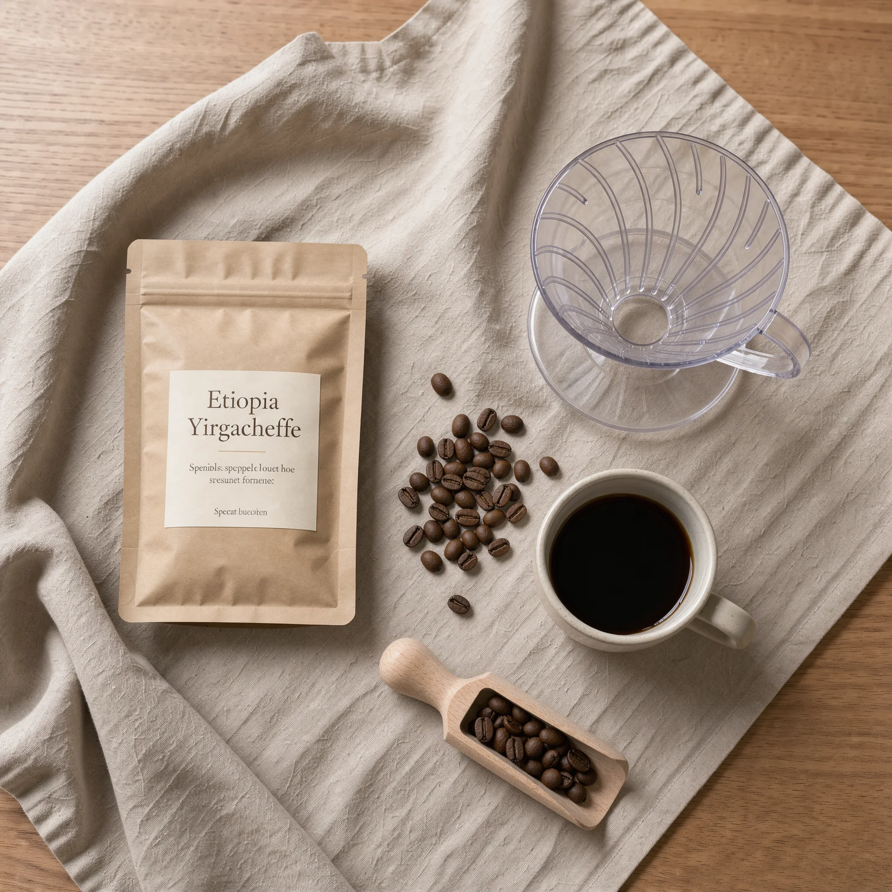 Flat lay do sklepu: torebka kawy Etiopia Yirgacheffe, ziarna, drip i kubek na lnianym obrusie