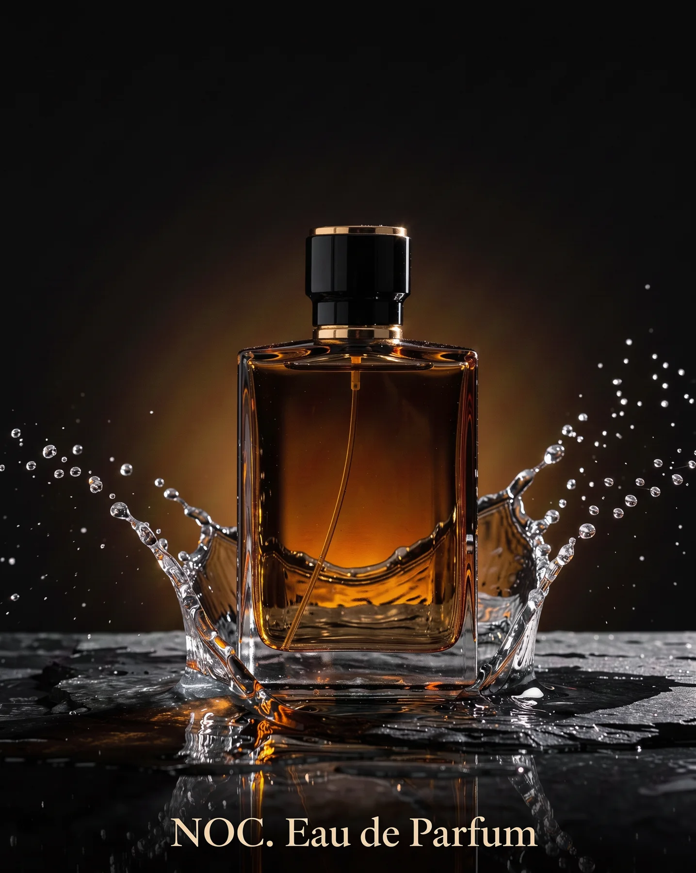 Reklama perfum: bursztynowy flakon w koronie z wody i napis NOC. Eau de Parfum