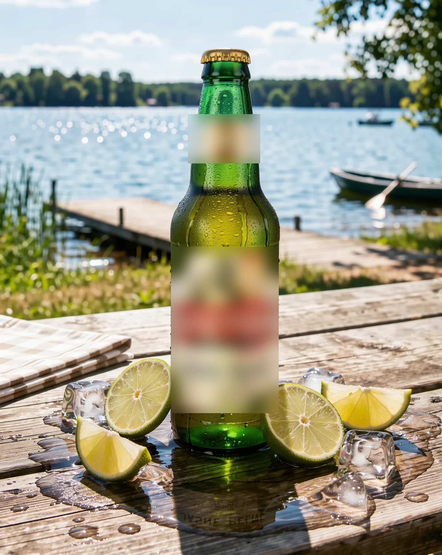 Butelka piwa z kroplami na drewnianym stole nad jeziorem, z limonkami i lodem