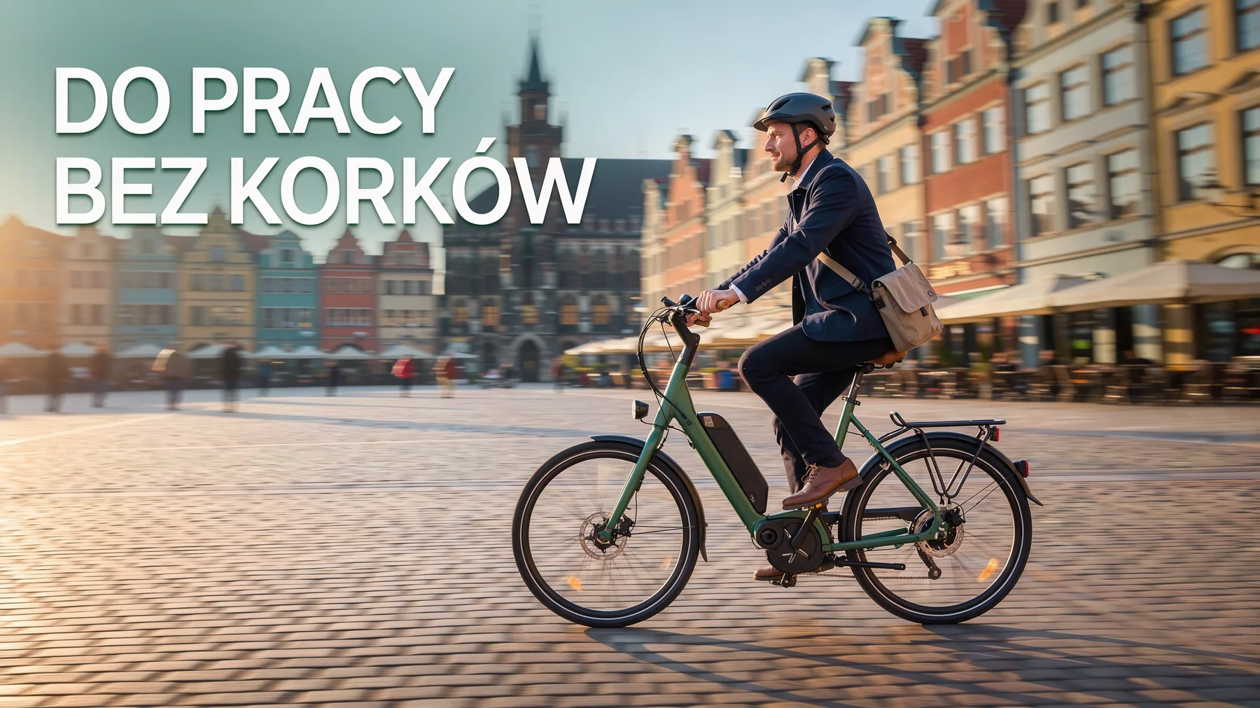 Reklama roweru elektrycznego: mężczyzna w marynarce jedzie przez rynek starego miasta, hasło DO PRACY BEZ KORKÓW