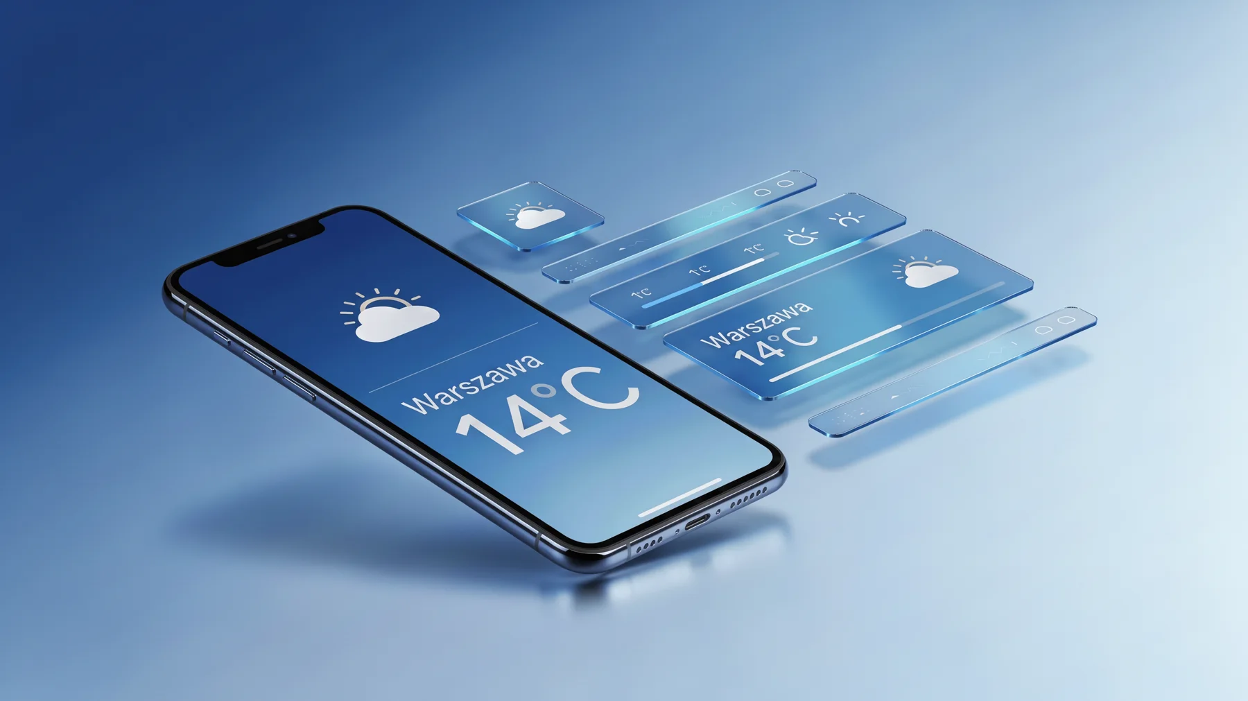 Smartfon na niebieskim tle z aplikacją pogodową pokazującą Warszawa 14°C i pływającymi kartami