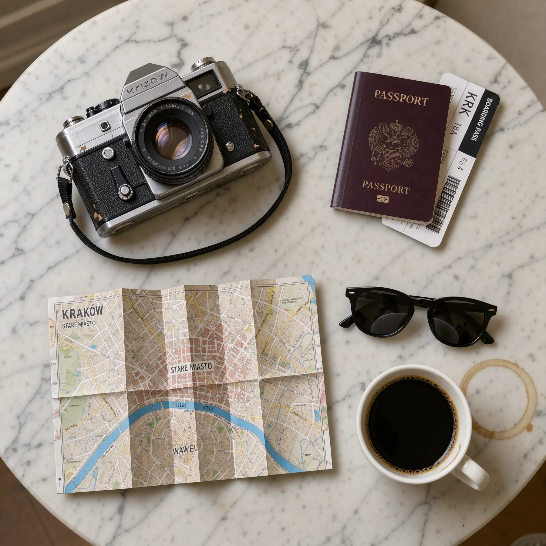 Flat lay na marmurowym stole: aparat analogowy, paszport z kartą pokładową, mapa Krakowa, okulary i kawa