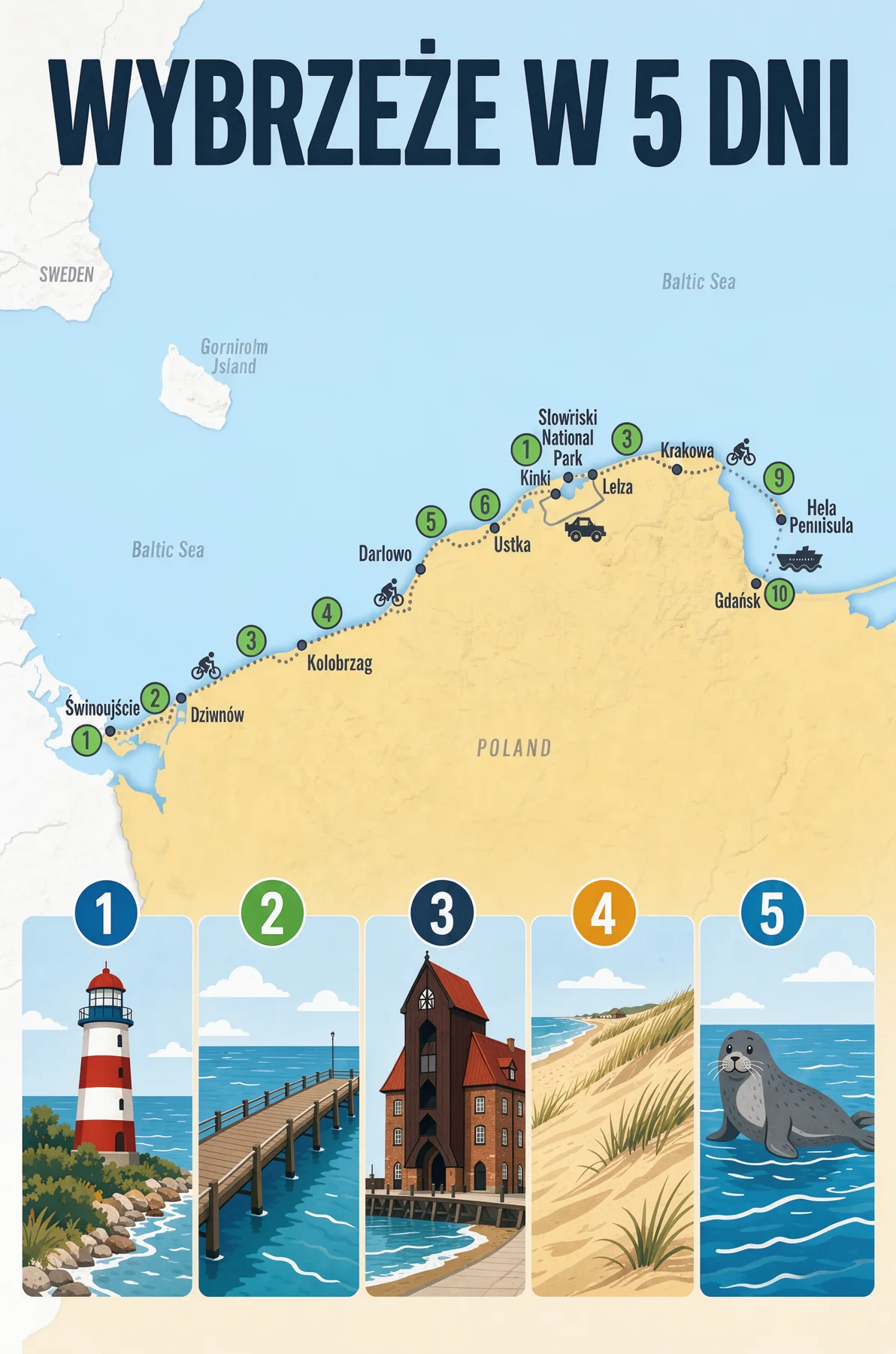 Ilustrowana infografika polskiego wybrzeża z tytułem WYBRZEŻE W 5 DNI, mapą trasy i pięcioma przystankami