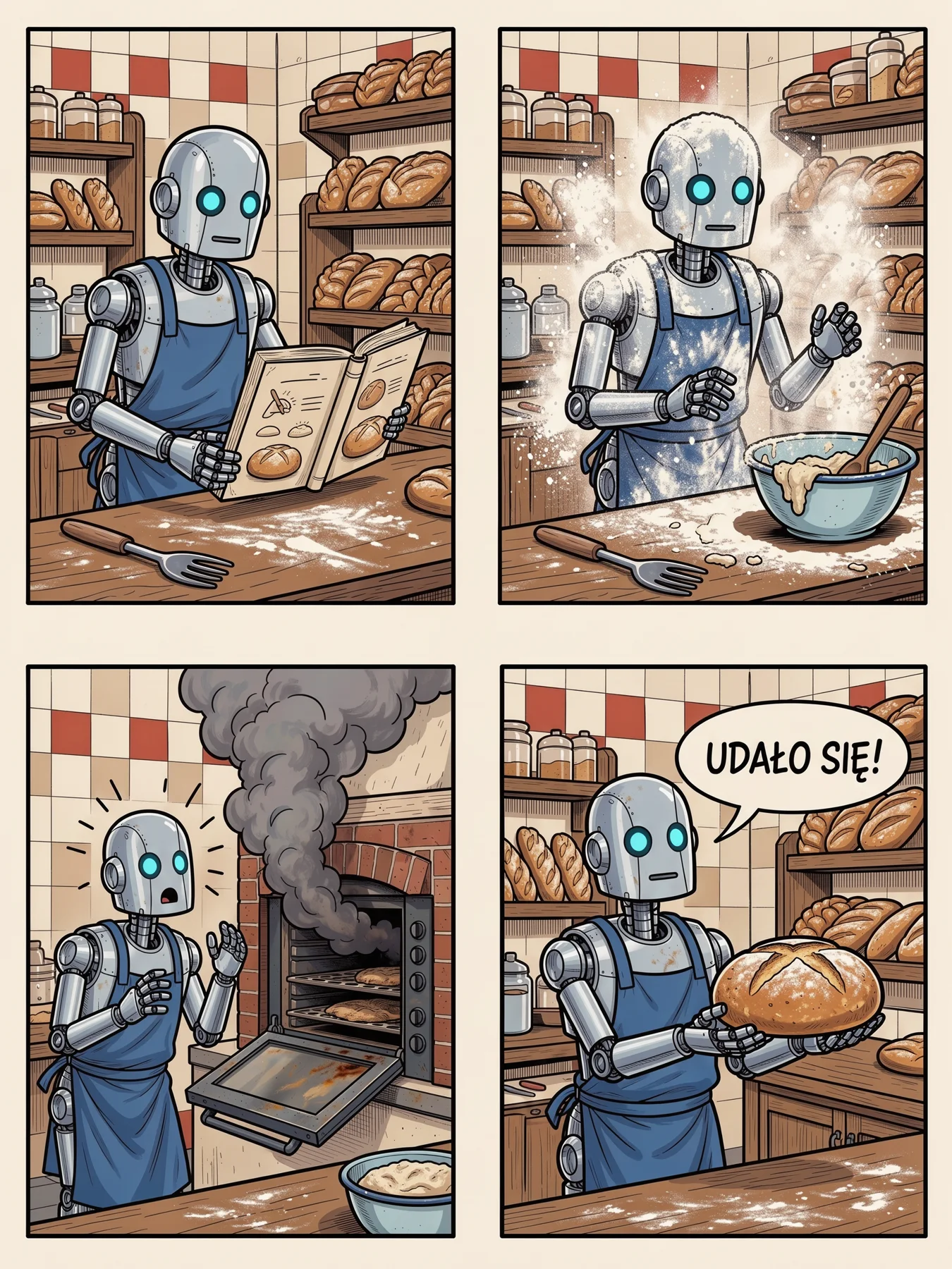 Czterokadrowy komiks o robocie, który uczy się piec chleb w polskiej piekarni
