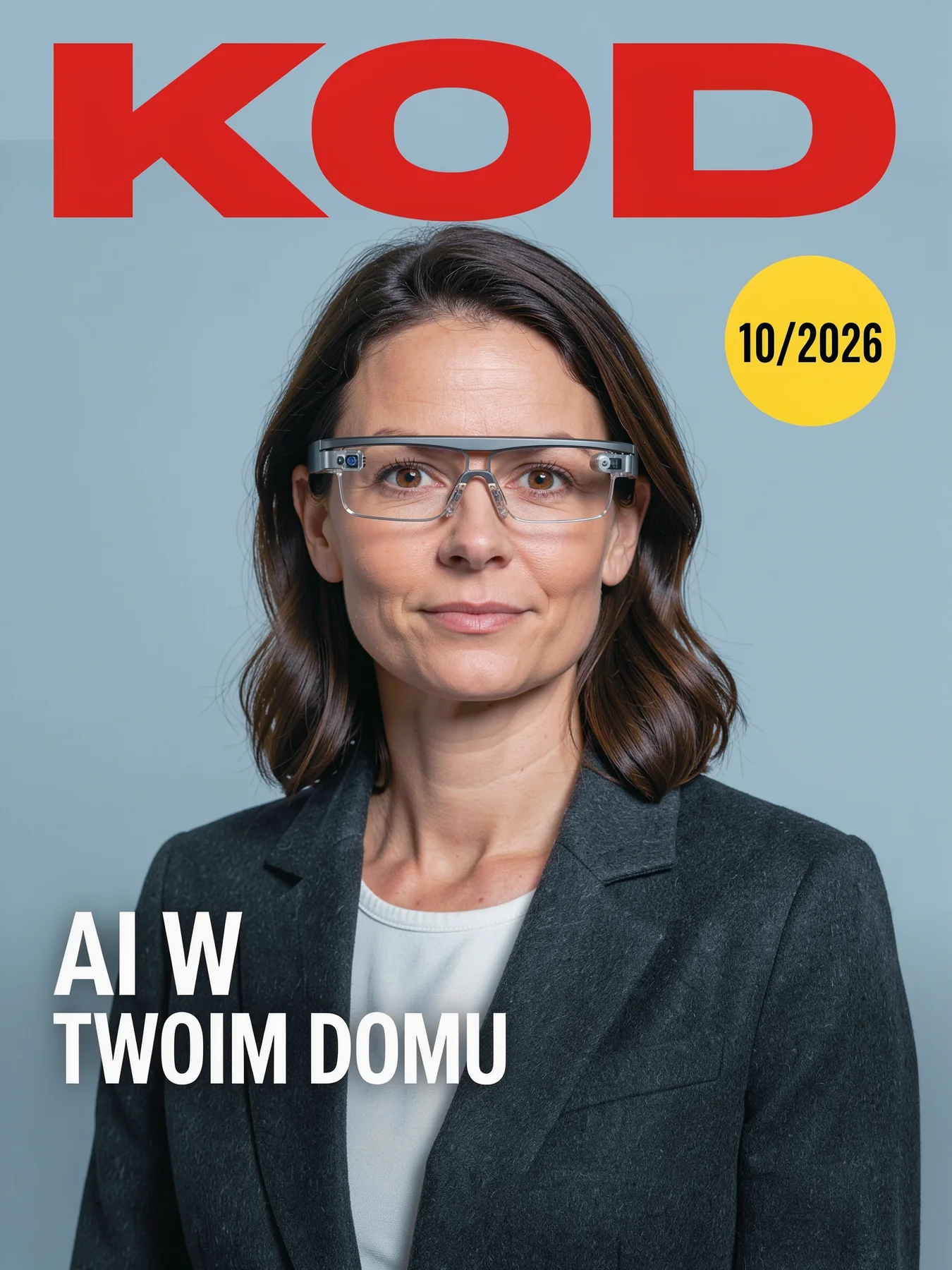 Okładka magazynu technologicznego KOD z kobietą w okularach AR i żółtą plakietką 10/2026