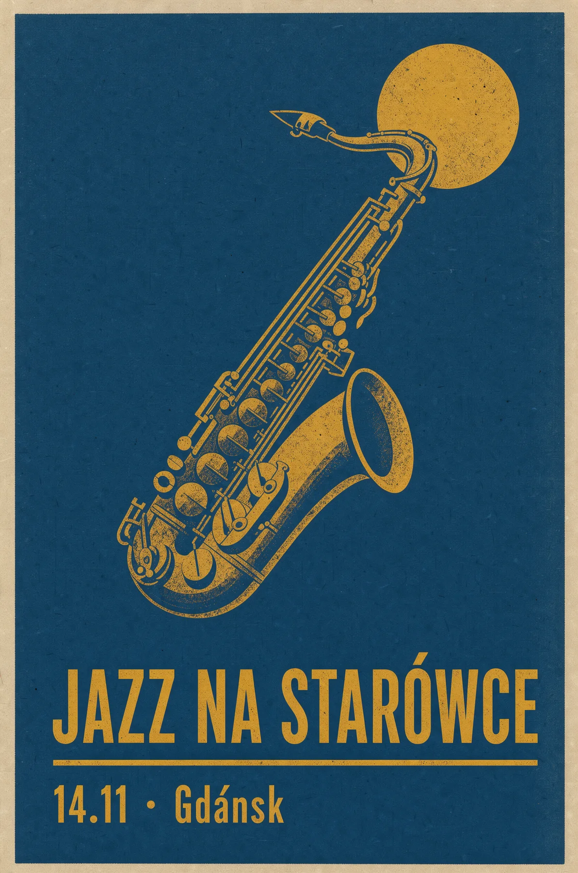 Plakat koncertu Jazz na Starówce w stylu mid-century z saksofonem i musztardowym księżycem
