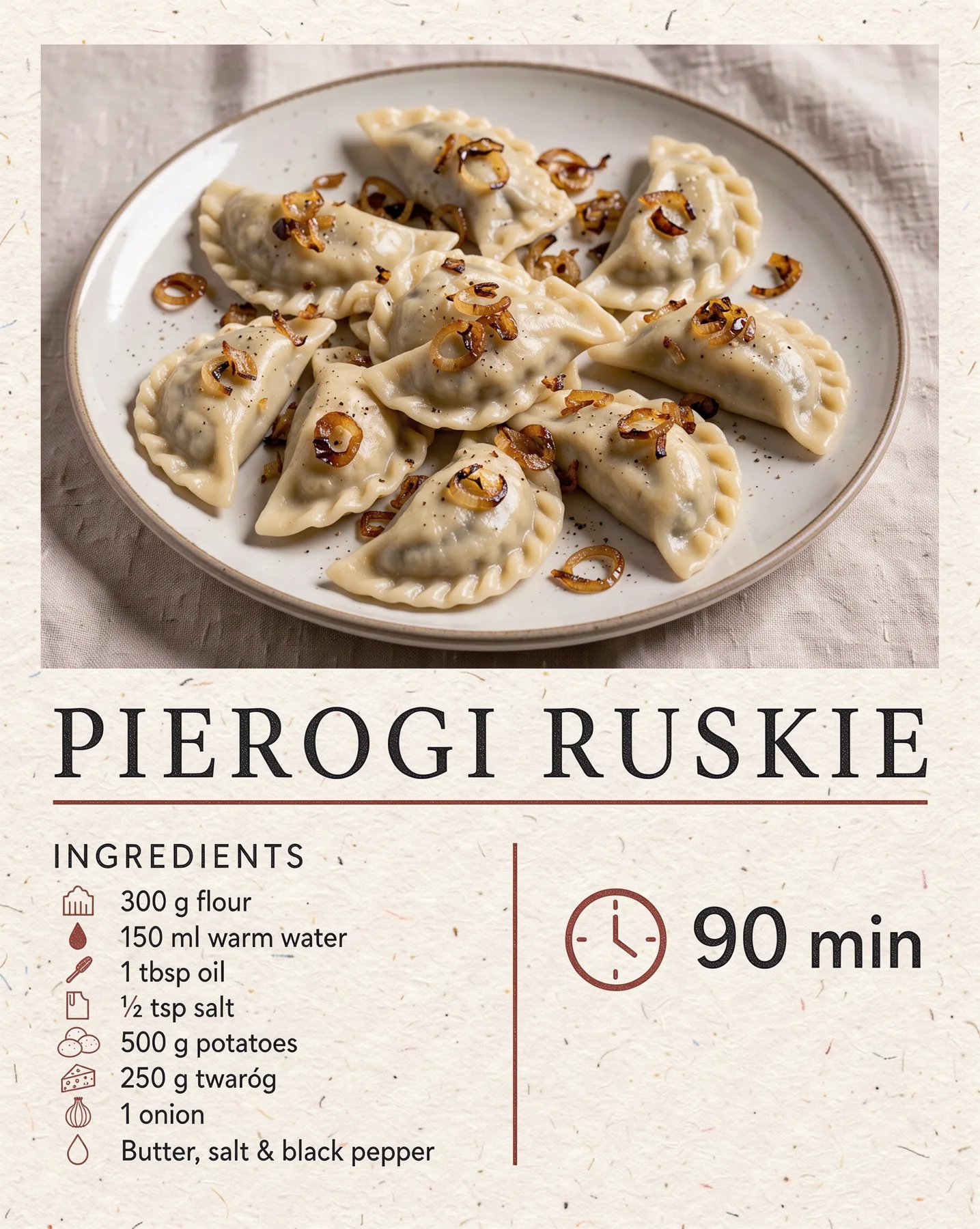 Karta przepisu z talerzem pierogów ruskich, tytułem PIEROGI RUSKIE, listą składników i czasem 90 min