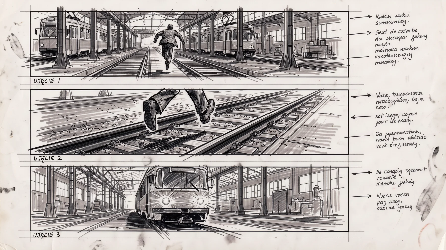 Storyboard ołówkiem: pościg w zajezdni tramwajowej w trzech kadrach z odręcznymi notatkami