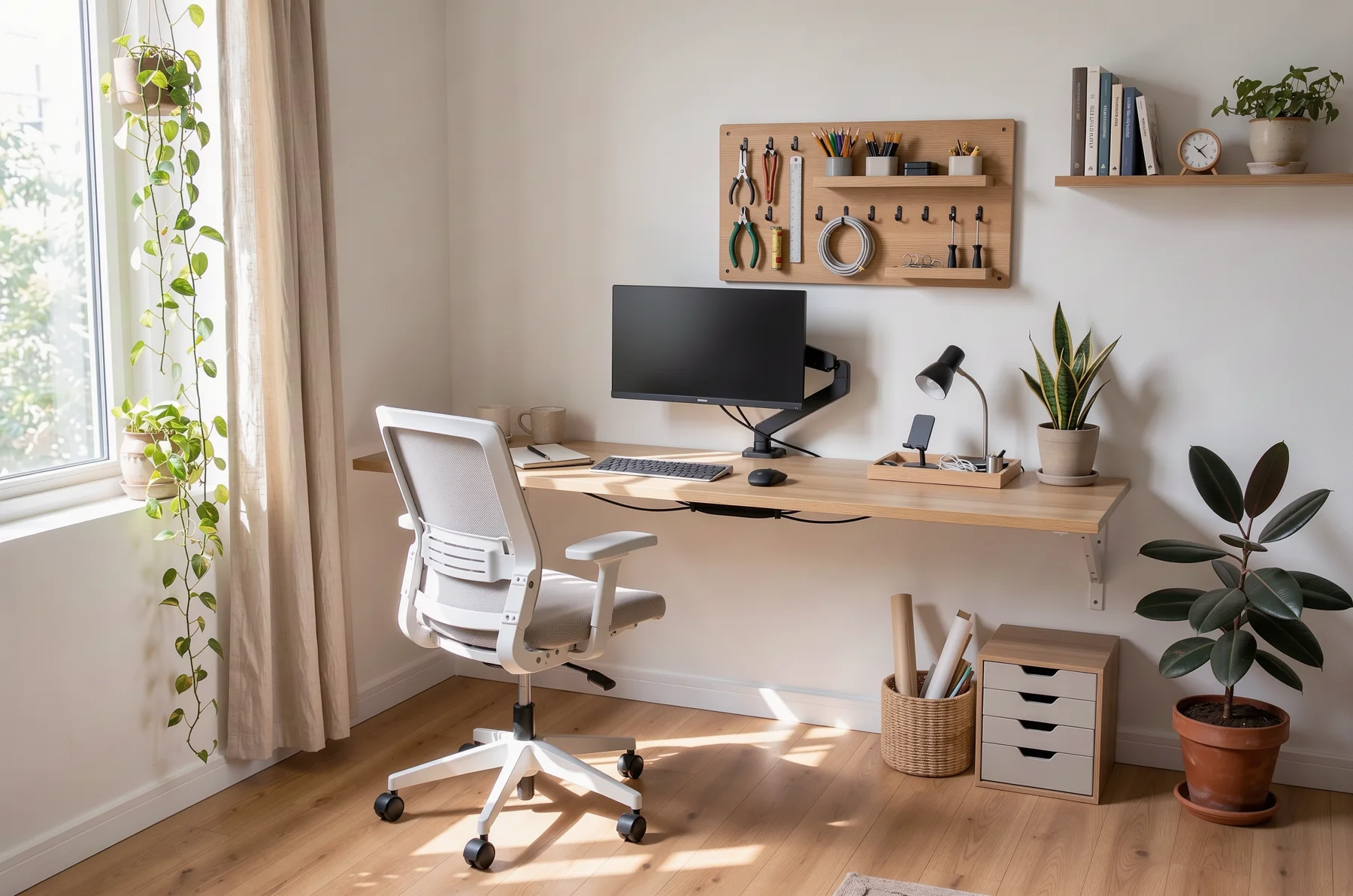 Kącik do pracy z biurkiem na ścianie, tablicą z narzędziami, ergonomicznym krzesłem i roślinami
